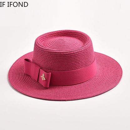 Novos Chapéus de Palha Primavera Verão Femininos de Superfície Ondulada, Topo Reto, Laço, Boné de Vestido, Chapéu de Sol para Viagem e Praia, Gorra