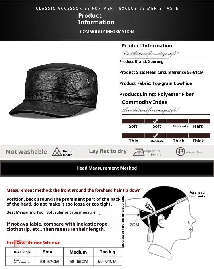 Winter Genuine Leather Flat-Top Cap | Men's Casual Cowhide Baseball Cap Lightweight and Breathable Classic Timeless Design
