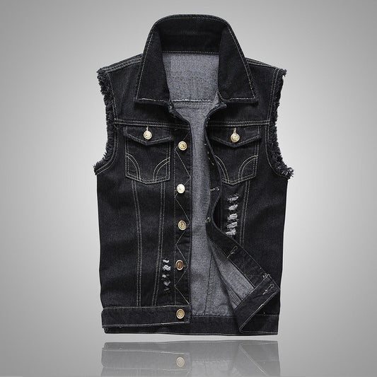 Cowboy vest men's spring and autumn new slim fit denim vest jacket men's casual sleeveless vest denim top with two chest pockets
