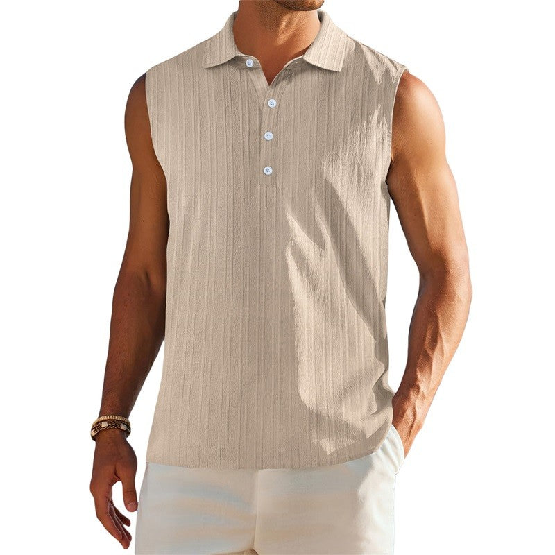 Men s Sleeveless Collared Tank Tops with Textured Stripes and Half Button-up Detail Solid Color Casual Shirts for Summer Wear