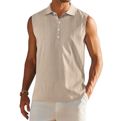 Men s Sleeveless Collared Tank Tops with Textured Stripes and Half Button-up Detail Solid Color Casual Shirts for Summer Wear