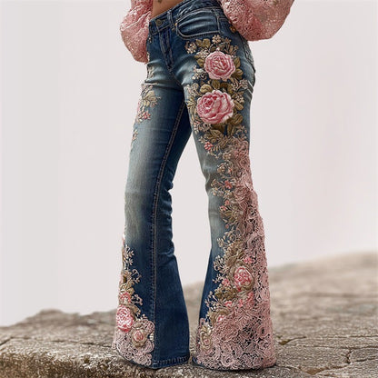 Women's Floral Embroidered High Waist Flared Jeans Vintage Boho Wide Leg Denim Pants for Party and Daily Outfits