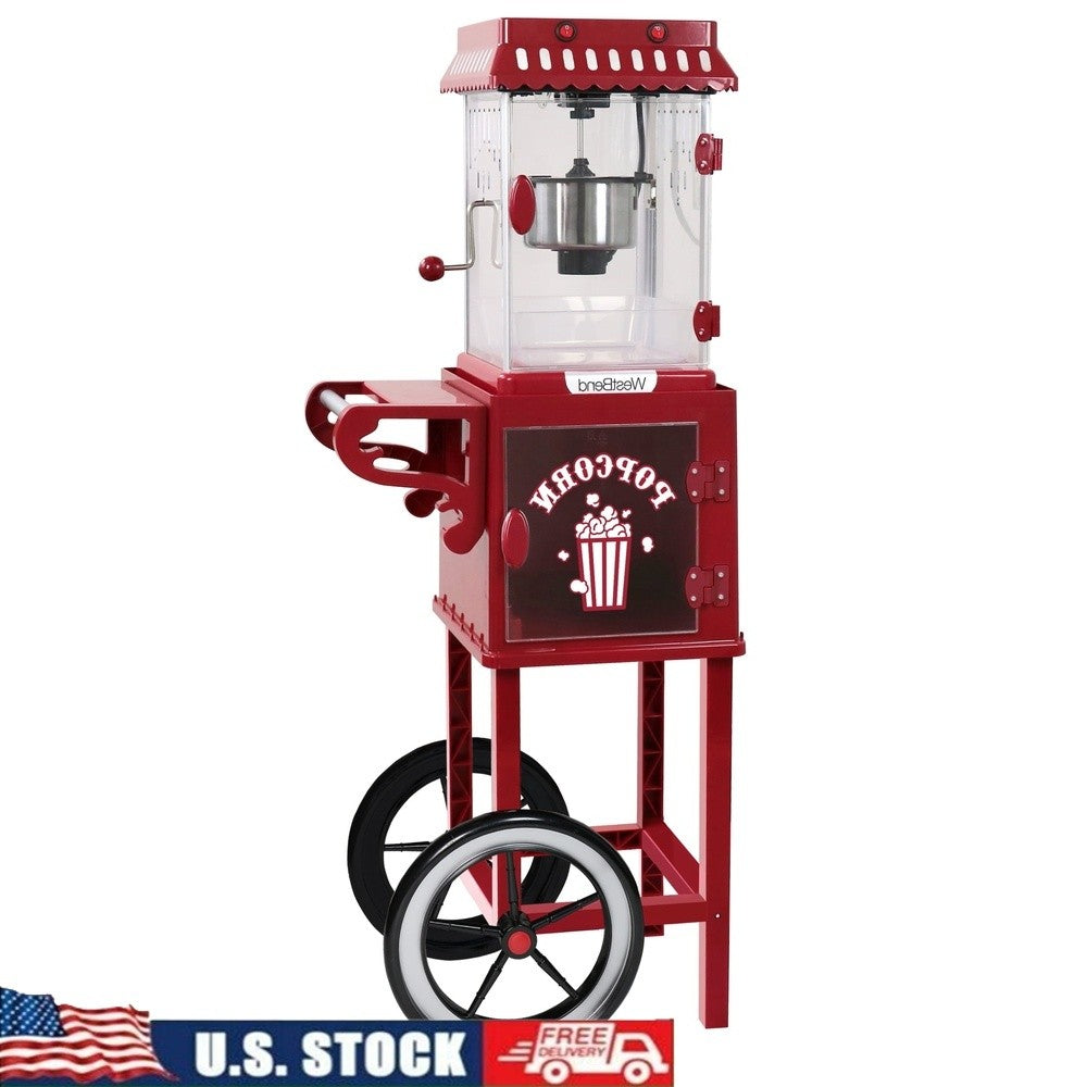 Popcorn Machine with Cart 10 Cup Capacity Stainless Steel Kettle Movie Theater Style Easy Mobility Serving Tray Built-in Light