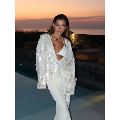 YENKYE New Autumn Women Sequin Kimono Jacket Coat Long Sleeve V Neck Female Casual Loose Outerwear Chic Lady Wrap Outfits