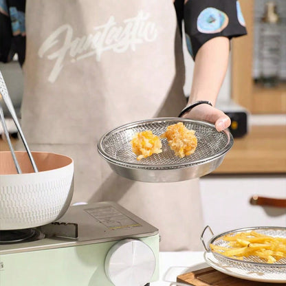 Stainless Steel Mesh Strainer Basket with Barbecue Tongs Multi-Functional Filter Drain Tray for Fried Foods Desserts Vegetables