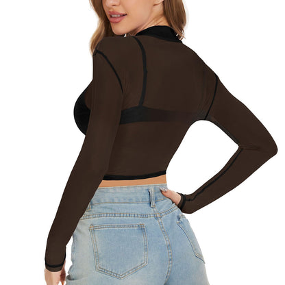 Sexy Women Crop Top See Through Mesh Tops Long Sleeve Sheer Slim Fit T Shirts Ladies Stretchy Transparent Bottomed Blouses