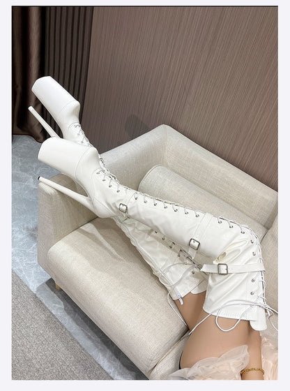 26cm Super High Heel Thigh High Boots Sexy Women Shoes Pole Dance Stripper Shoes Platform Over-the-Knee Zip Crotch High Boots