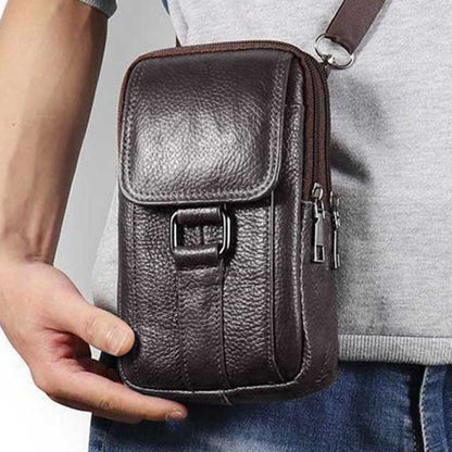 Portable Men Messenger Bags Cowhide Leather Cell Phone Belt Pack Fashion Simple Multi-pockets Casual for Outdoor Sport