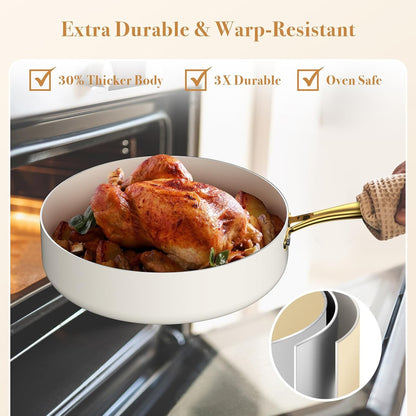 Ceramic Cookware Set 15-Pieces, Pots and Pans Set Non Stick, Oven Safe Non Toxic, Kitchen Cookware Set, PFOA PTFE FREE, Gold Wh