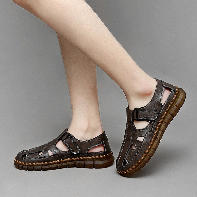 Mens Handmade Casual Leather Sandals Classic Men Beach Shoes Summer Outdoor Walking Male Sneaker Breathable Man Hollow Out Flats