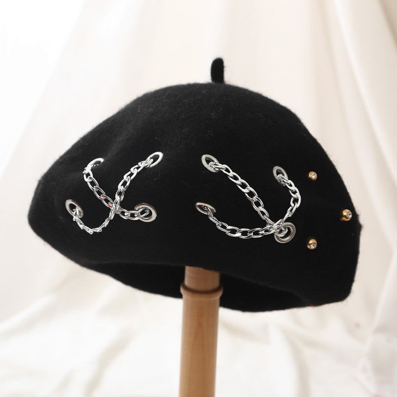 Fashion Winter Berets For Women girl Punk Rock Style Iron Rings Beret Caps Retro Wool Hats Black Woolen Painter Caps