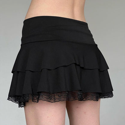 Goth Y2K Black Lace Trim Bow A Line Mini Skirt Women Korean Streetwear