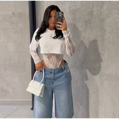 Women Crop Top Sheer Lace Bodysuit Short-Sleeve Layered 2025 Fashion Summer Sexy Outfit Trendy Party Chic Edgy Hot Lady Vestido