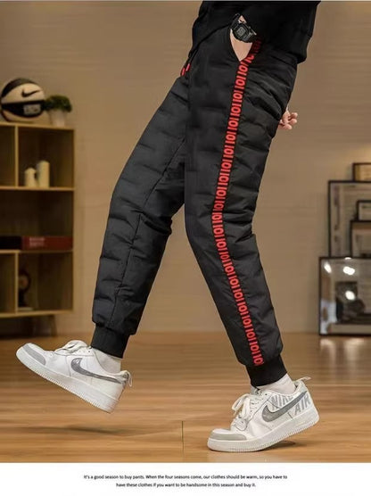 Men's Outdoor Casual down Trousers Windproof Waterproof Winter Warm Cotton Pants Dstring Waist Long Polyester Fiber
