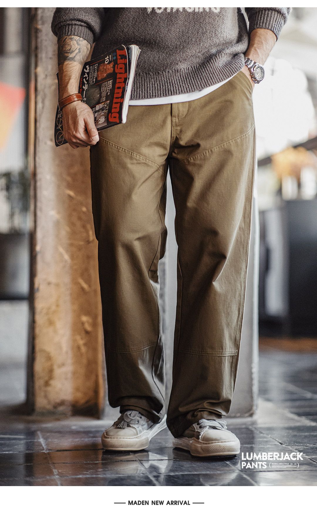 Maden Vintage Solid Logging Pants Versatile Cotton Straight Casual Lumberjack Pants with Zipper Fly and Pockets Trousers for Men
