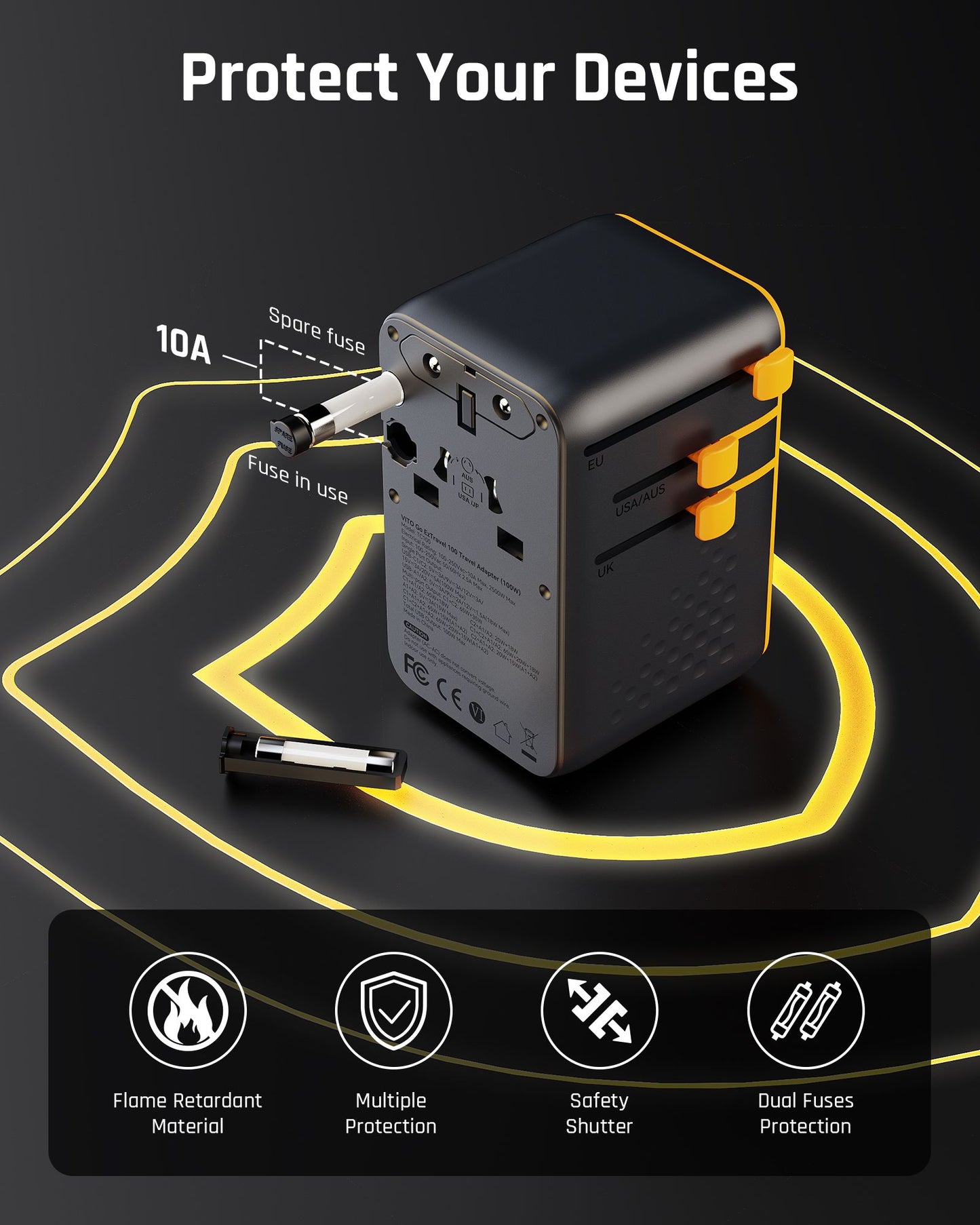 Adaptador de Viagem Universal VOLTME PD 100W USB C Duplo + USB-A com Tomada AC Carregador de Celular Carregador PD para iPhone 16 15 Xiaomi