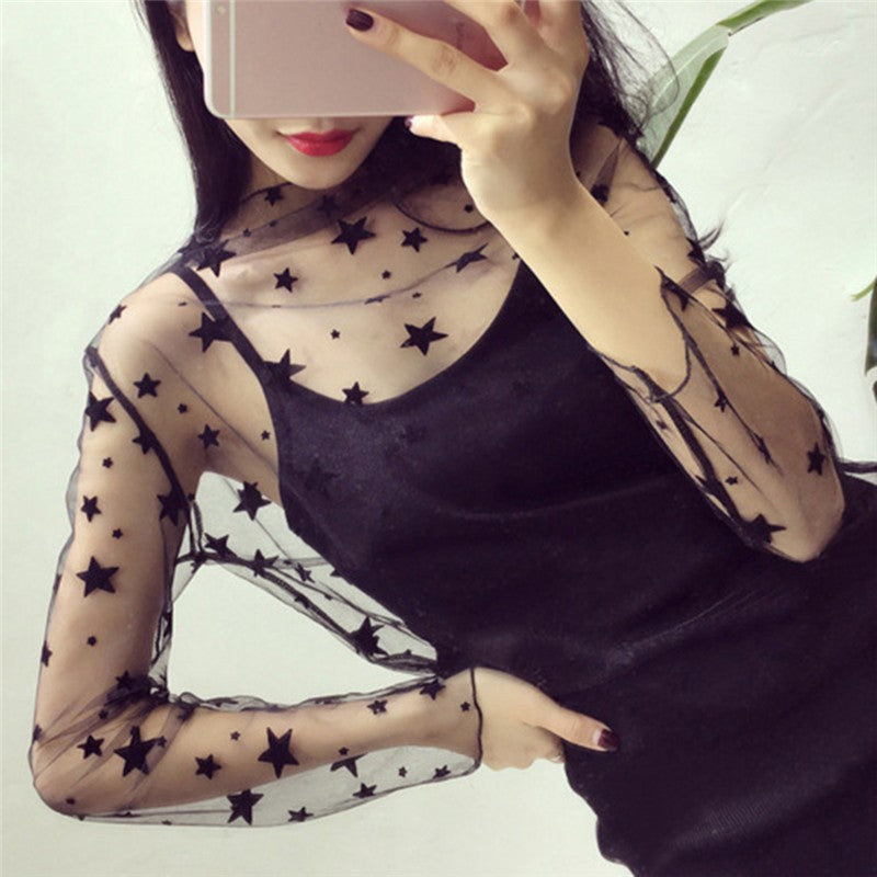 Women's Sexy Mesh Sheer Lace Blouses Perspective Long Sleeve Stand Collar Mesh Tops Striped Polka Dot Stars Party Tee Blouses