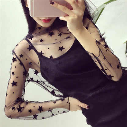 Women's Sexy Mesh Sheer Lace Blouses Perspective Long Sleeve Stand Collar Mesh Tops Striped Polka Dot Stars Party Tee Blouses