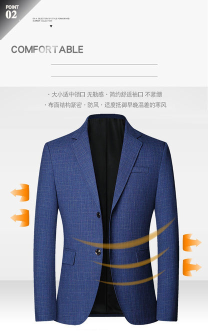 2025 Spring  Autumn New Blue Checkered Non-iron Suit Jackets for Men,black Light Business Casual Men Blazer Slim Fit, Asian Size