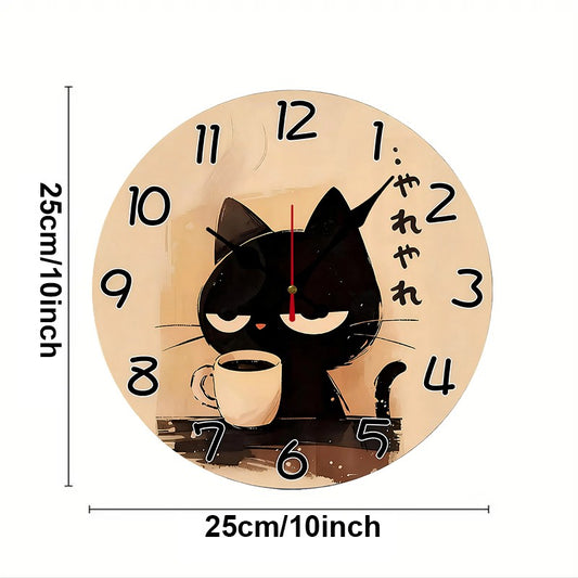 Japanese Style Cat Wooden Round Silent Hanging Wall Clock, Suitable For Living Room, Office,Study Room, Bedroom, Home Decoration