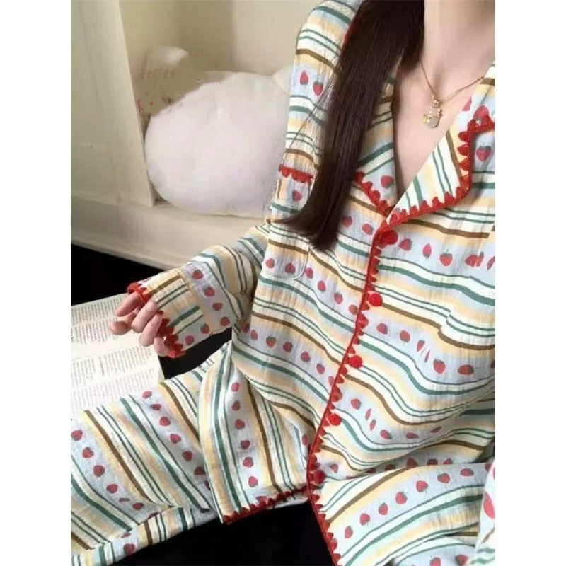 Plus Size Pajamas 2 Pieces Set Y2K Striped Strawberry Print Casual Korean Sweet Soft Women's Pajamas Autumn Winter New Homewear