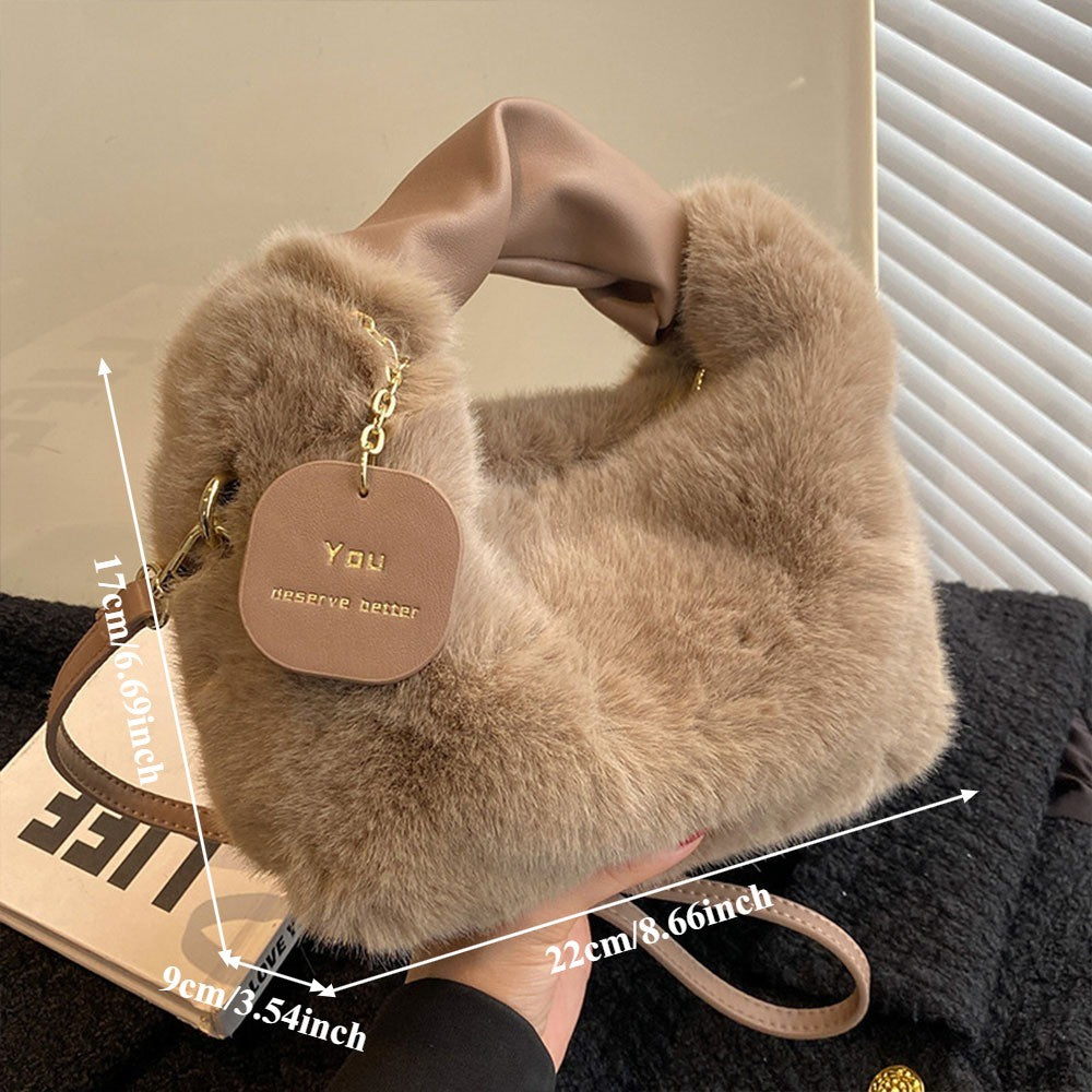 Fashionable Cute Plush Shoulder Bag for Women's Solid Color Soft Fluffy  Handbag Autumn Winter Soft Plush Crossbody Bag