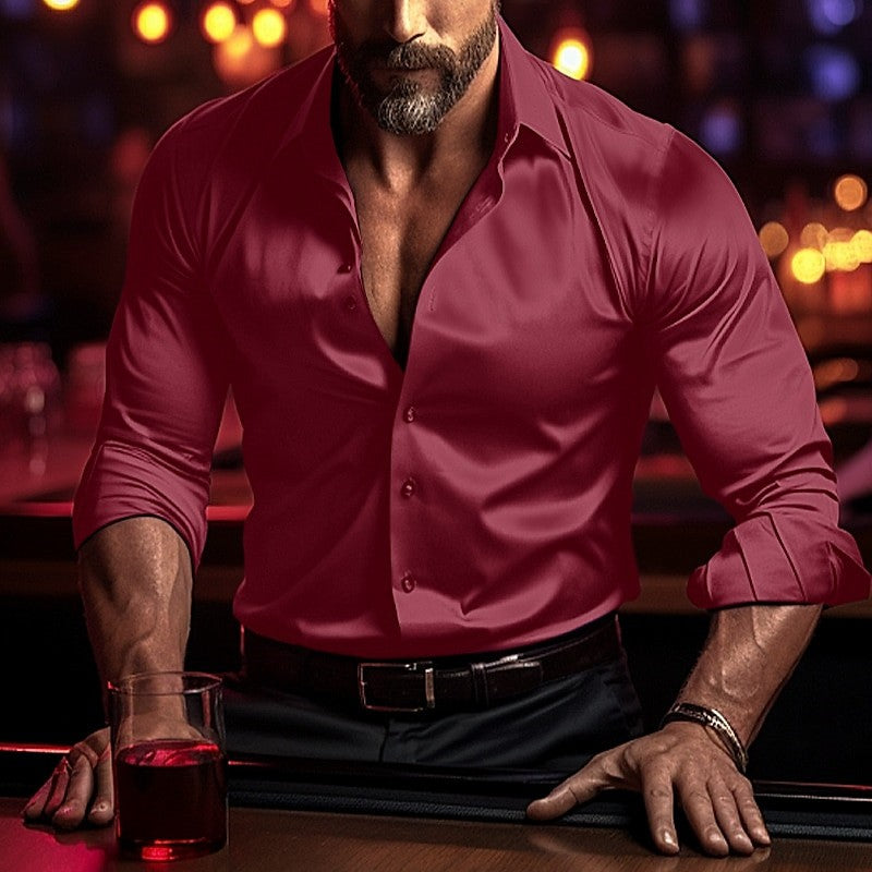 Men's Shirt High Quality Soft Fabric Solid Color Wedding Holiday Black White Burgundy Blue Long Sleeve Lapel Shirt 6XL Clothing