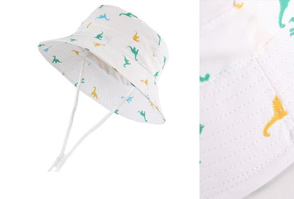 Sun Protection Hat for Kids Toddler Boys Girls Dinosaur Wide Brim Summer outdoor hat Cotton Baby Bucket Hat with Chin Strap