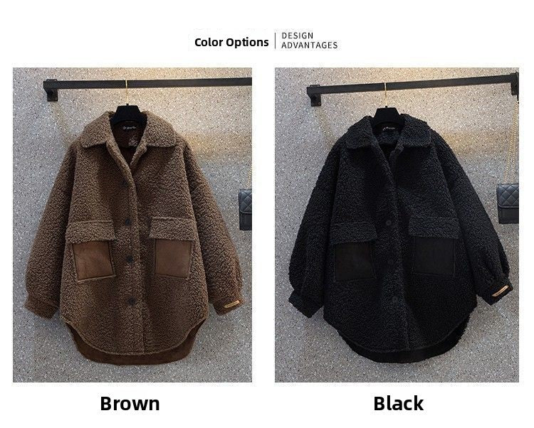 Plus Size Plus Size Women's Autumn Winter Thickened Lamb Fur Jacket Chic Hong Kong Style Design Slimming Outerwear Street Trend