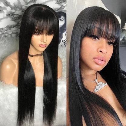Peruca Full Lace Frontal 360 com Franja Lisa, Peruca Frontal de Renda Cabelo Humano Cru Com Franja, Perucas Brasileiras Sem Cola em Promoção/Liquidação