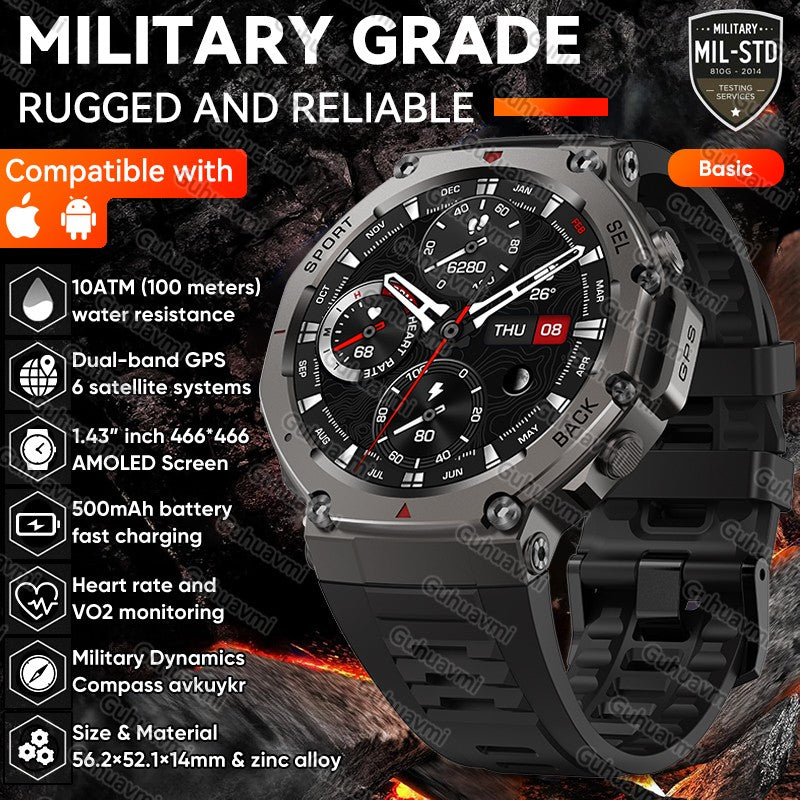 Novo Smartwatch Militar GPS de Banda Dupla T-Rex 3 Pro 48mm Resistente à Água 10ATM Bateria de 500mAh Bússola Altímetro AGPS