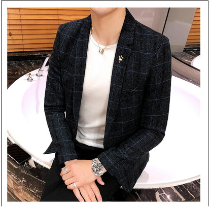 2025 New Men's Casual Plaid Suit Jacket Male Linen Plaid Business Self-cultivation Wedding Dress Party Suit Coat Plus Size S-5XL