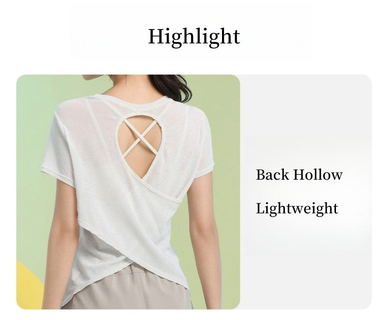 DRUR Gym Tops Women Lightweight Sweatshirt Summer Short Sleeve Quick Dry Fitness Running Tshirt Back Cross Hollow Yoga Wear New