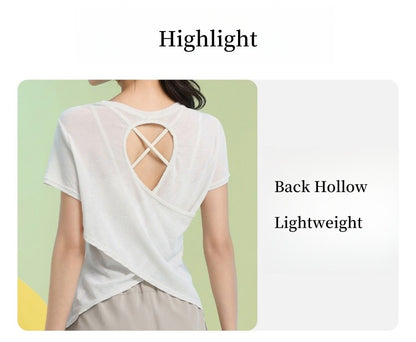 DRUR Gym Tops Women Lightweight Sweatshirt Summer Short Sleeve Quick Dry Fitness Running Tshirt Back Cross Hollow Yoga Wear New