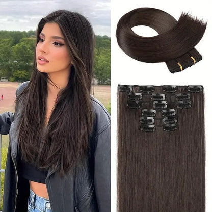 Extensões de Cabelo Sintéticas Lisas Longas com 16 Grampos para Mulheres e Meninas Acessórios para Cabelo
