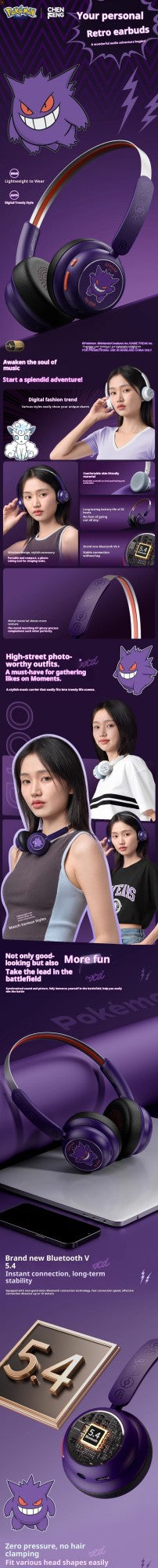 Pokemon Gengar Anime Ear clip type Bluetooth Wireless Headset Gaming stereo sports headphones High Endurance Gifts In Stock