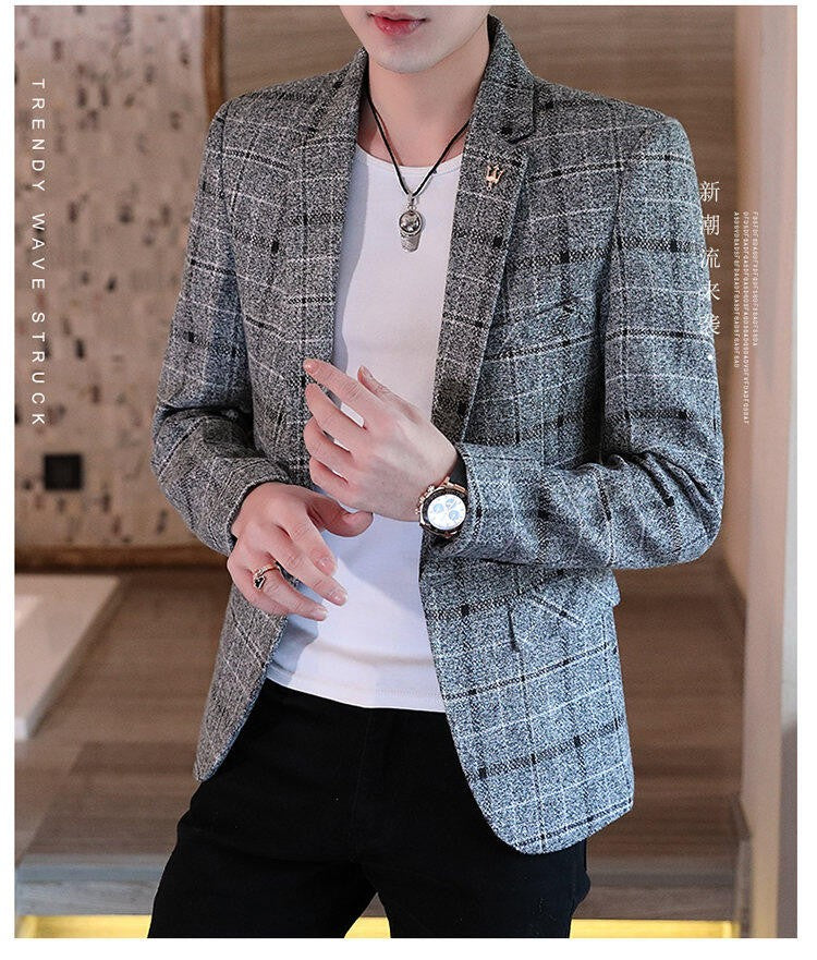 Men's casual plaid suit jacket, fashionable and versatile slim-fitting top, stylish plaid suit