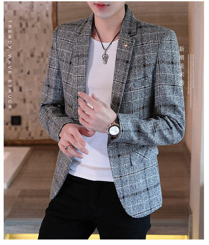 Men's casual plaid suit jacket, fashionable and versatile slim-fitting top, stylish plaid suit