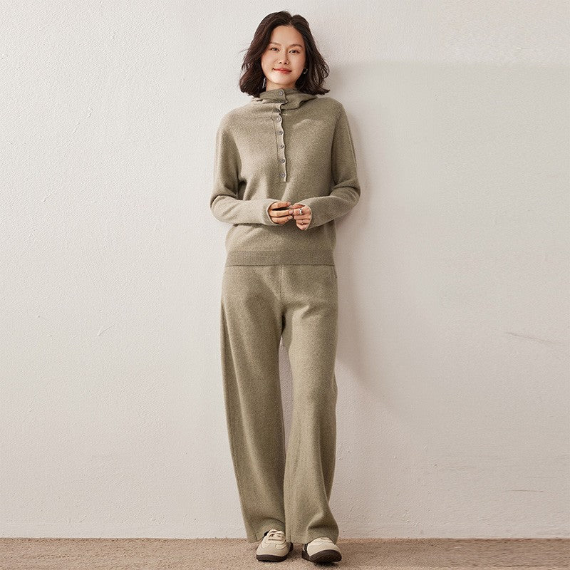 Autumn Winter New 100% Pure Cashmere Women Half Open Front Hoodie Set Knitted Two Piece Pullover Knitwear Wide Leg Pants