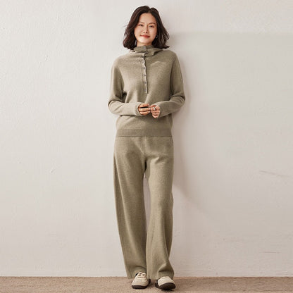 Autumn Winter New 100% Pure Cashmere Women Half Open Front Hoodie Set Knitted Two Piece Pullover Knitwear Wide Leg Pants