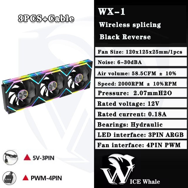 ICE Whale WX-1 Wireless Splicing PC Case Fan 120mm ARGB Mirror Cycle Effect 800-2000RPM 360mm Water-cooled Radiator Cooling Fan