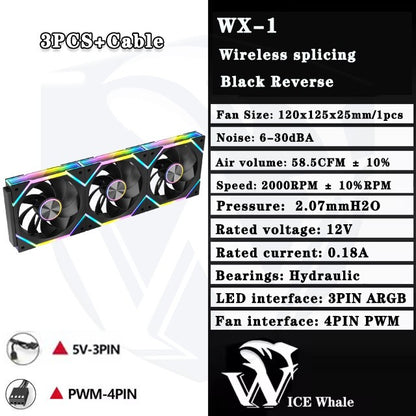 ICE Whale WX-1 Wireless Splicing PC Case Fan 120mm ARGB Mirror Cycle Effect 800-2000RPM 360mm Water-cooled Radiator Cooling Fan