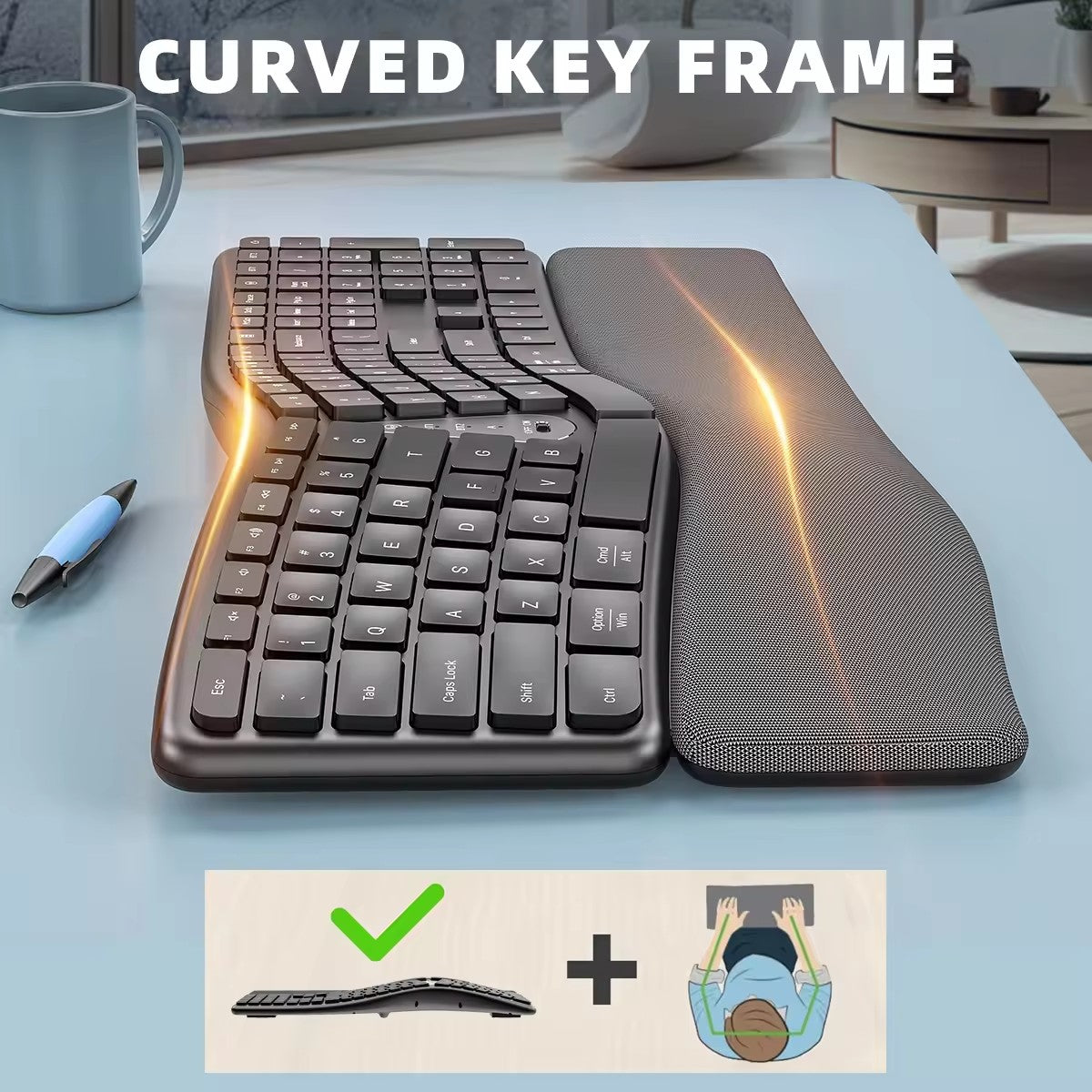 Teclado Sem Fio Ergonômico 2.4G, Digitação Natural Confortável, Apoio para as Mãos, Teclado Bluetooth Recarregável Multidispositivo para Laptop