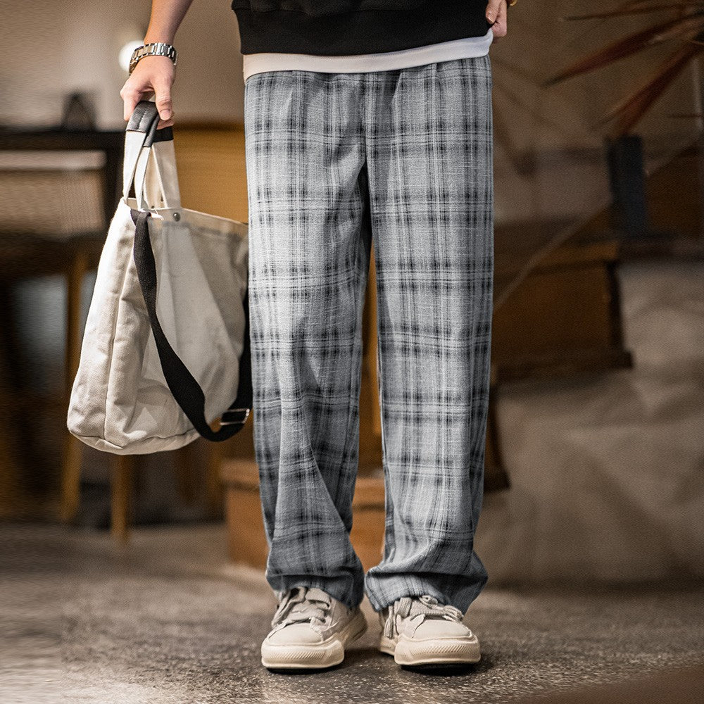Maden Calça Cargo Xadrez Masculina Vintage Primavera Leve Caimento Solto Cintura com Cordão Calças Retas Casuais Perna Larga