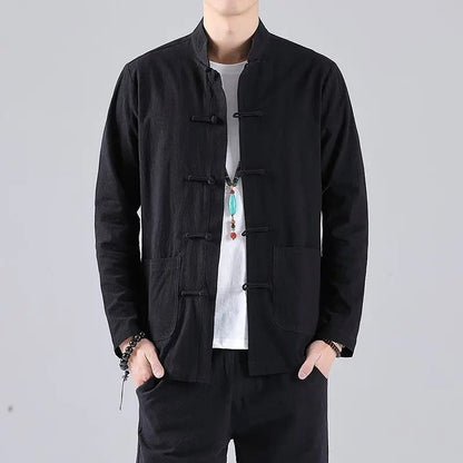 Chinese Style Linen Shirt with Button Design Cotton Linen Spring Autumn New Style Men's Retro Shirt Casual Summer Top