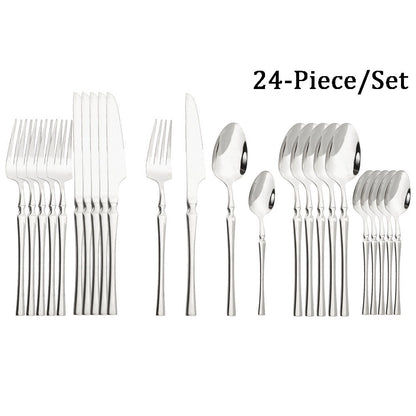 JANKNG 24 peças Conjunto de Talheres de Aço Inoxidável Louça Utensílios de Mesa Cozinha Alimentos Talheres Pretos Prata Brilhante Garfo Faca Colher