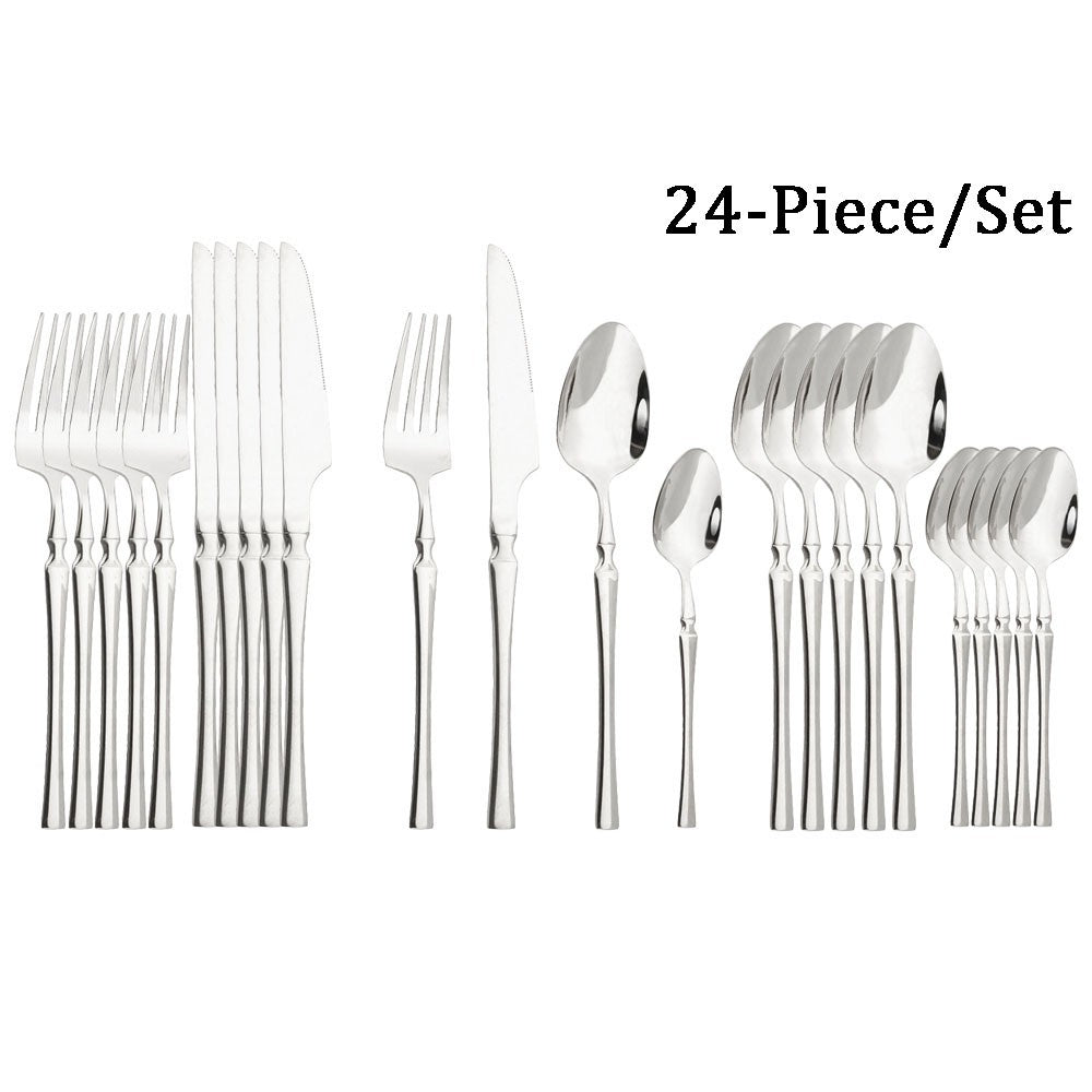 JANKNG 24Pcs White Gold Tableware Set Stainless Steel Dinnerware Spoon Fork Knife Cutlery Kitchen Food Flatware Silverware Set