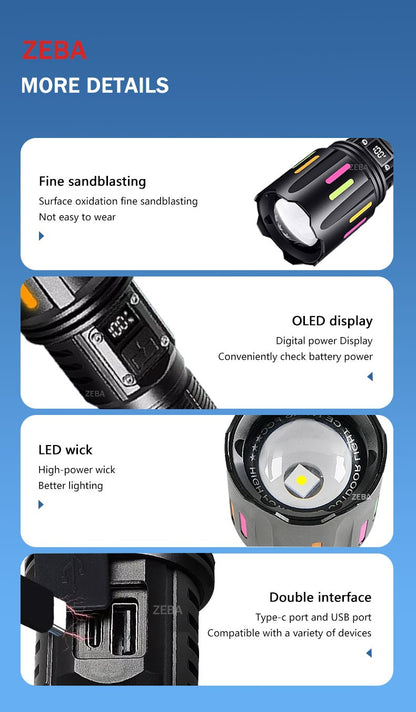 Super Powerful LED Flashlight 1000000LM High Power Torch Strong Light 800W Led Flash Light Rechargeable Hunting Tactical Lantern