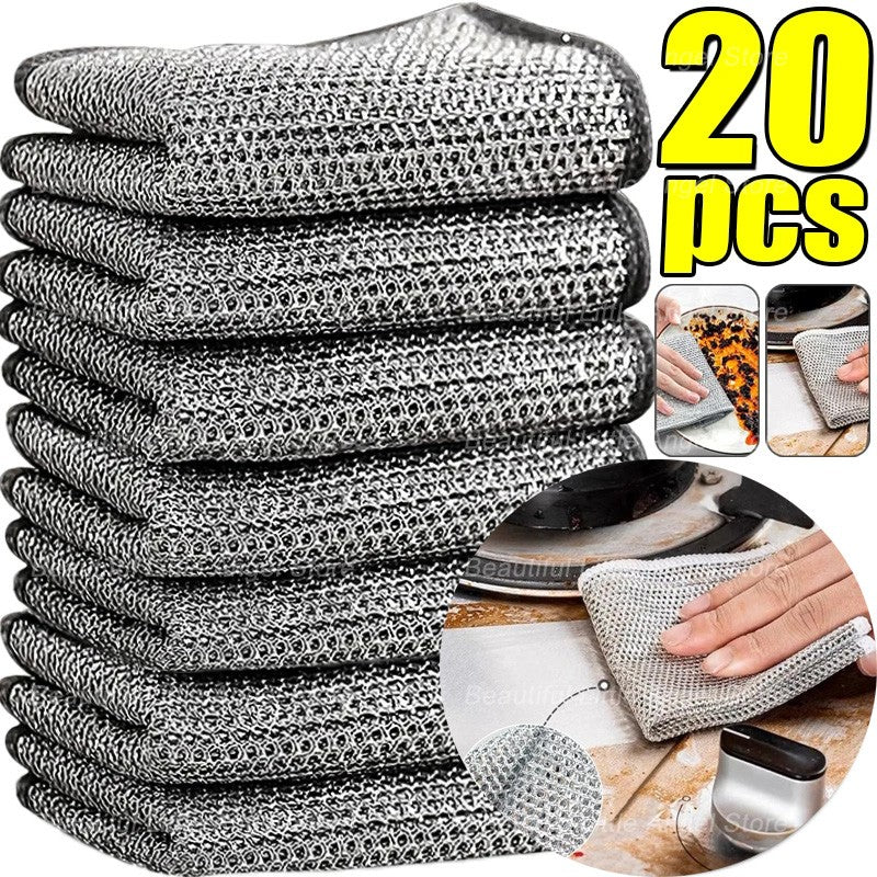 20/5pçs Pano de Limpeza de Fio de Aço Espessado Sem Riscos Dupla Camada Ferro Microfibra Pano de Prato de Malha Esponja de Lavar Panelas Panos de Cozinha