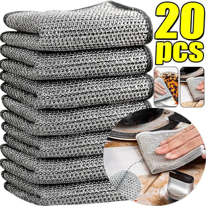 20/5pçs Pano de Limpeza de Fio de Aço Espessado Sem Riscos Dupla Camada Ferro Microfibra Pano de Prato de Malha Esponja de Lavar Panelas Panos de Cozinha
